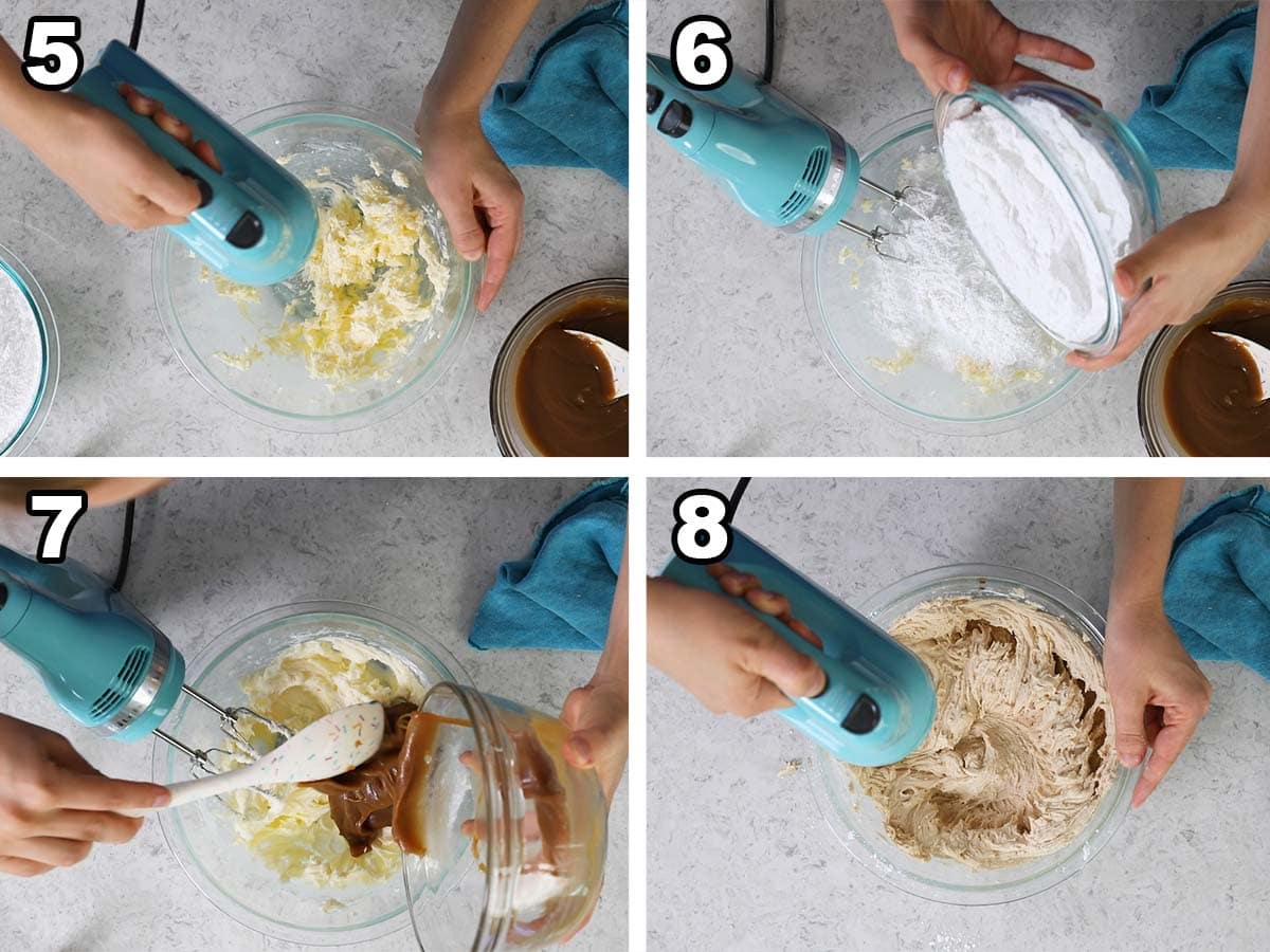 collage of four photos showing caramel being whipped into a butter and sugar mixture