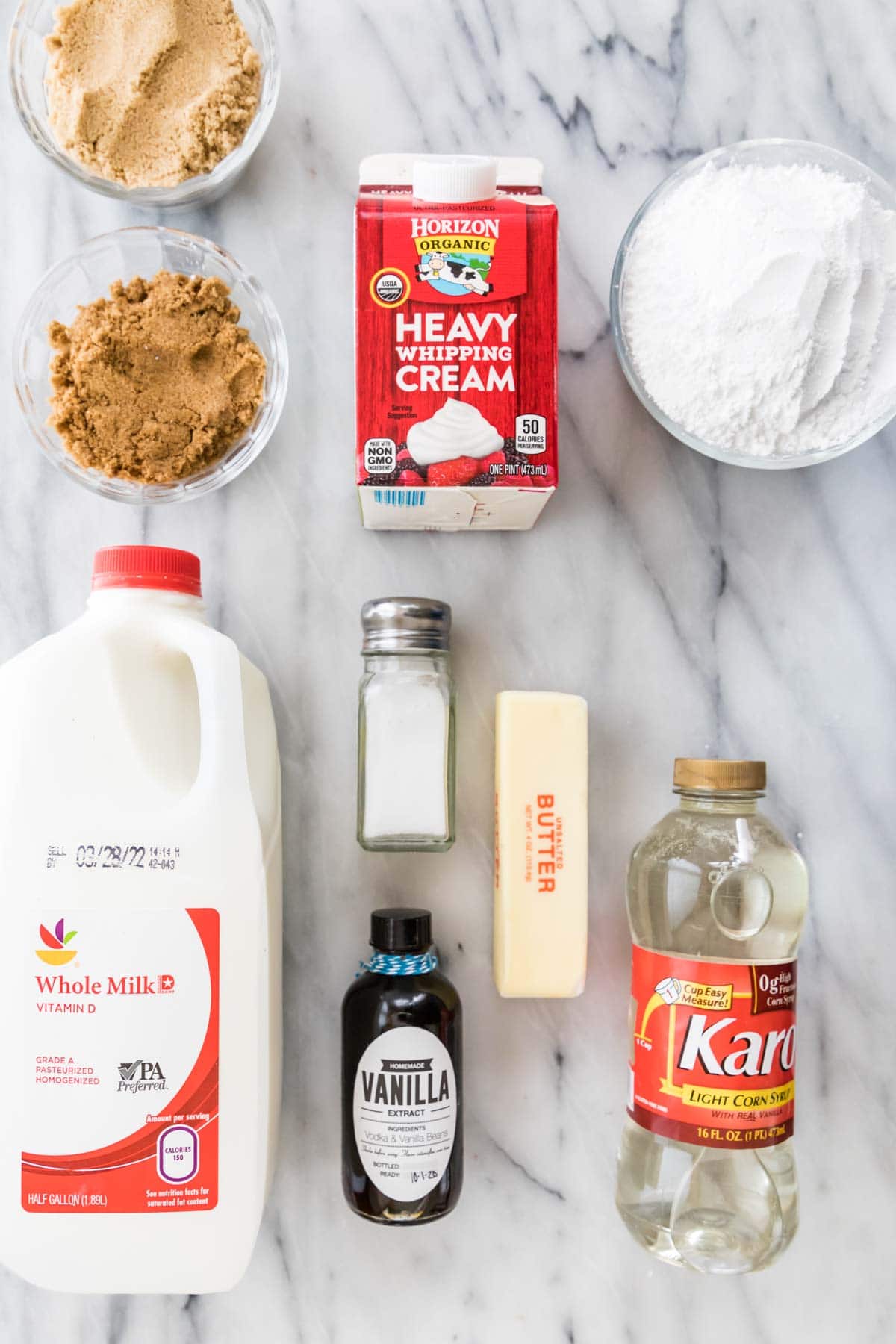 overhead view of ingredients including heavy cream, brown sugar, corn syrup, and more