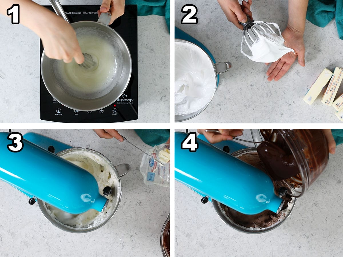 collage of four photos showing meringue being prepared and combined with melted chocolate