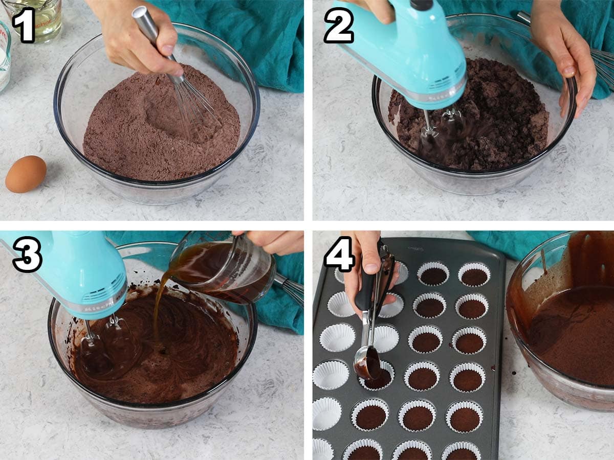 Collage of four photos showing chocolate cupcake batter being prepared and portioned into mini cupcake liners.