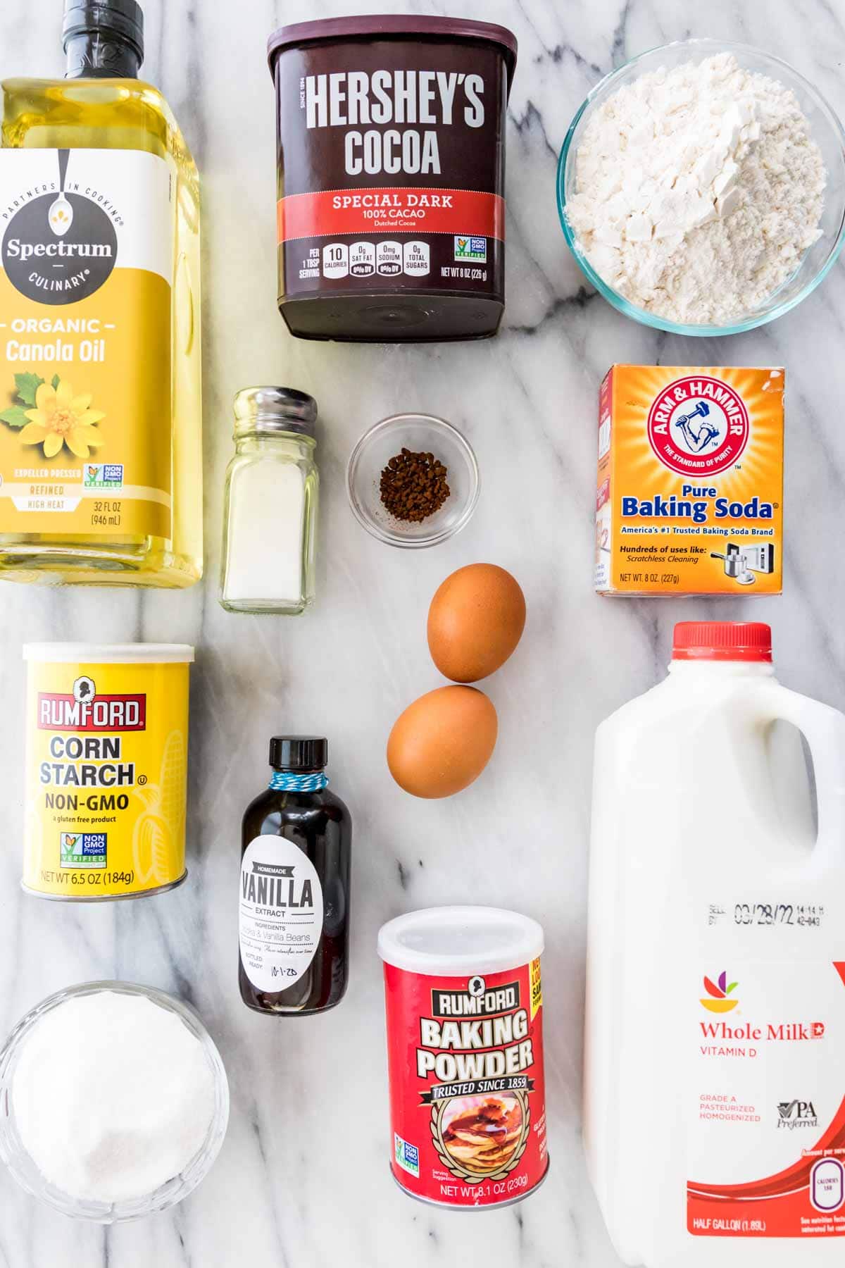 Overhead view of ingredients including cocoa powder, flour, eggs, milk, and more.