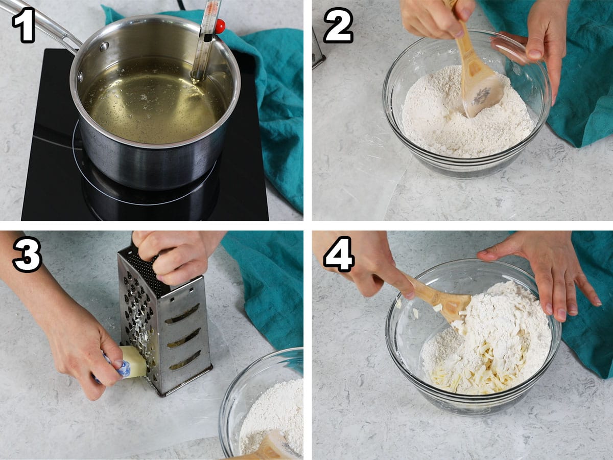 collage of four photos showing oil being heated and butter being grated into a flour mixture
