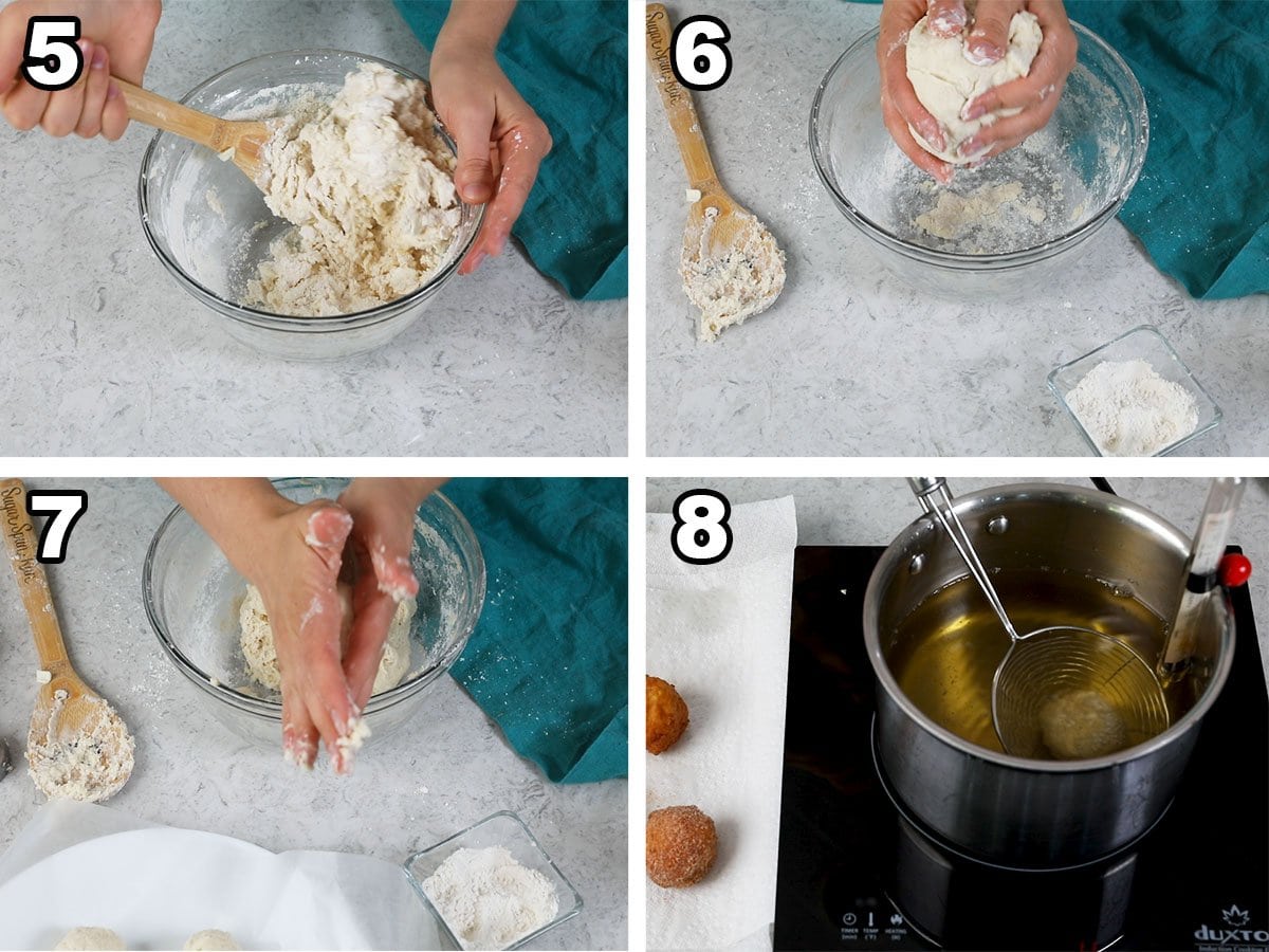 collage of four photos showing dough being prepared, rolled into balls, and lowered into hot oil
