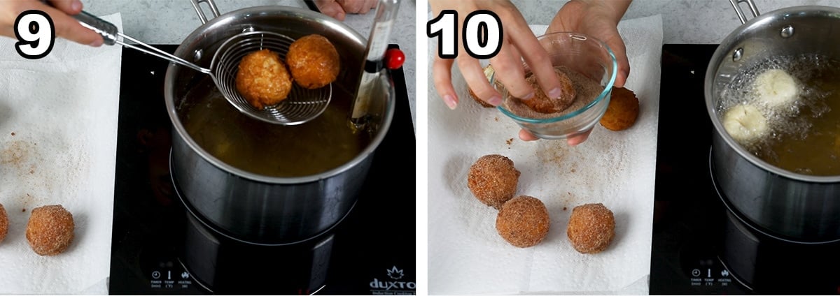 collage of two photos showint donut holes being removed from hot oil and tossed in cinnamon sugar