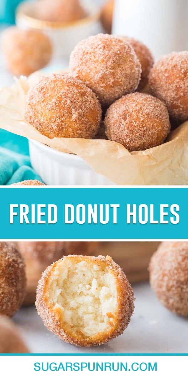 collage of fried donut holes, top image is of multiple in a white bowl, bottom image is a close up of one with bite taken out