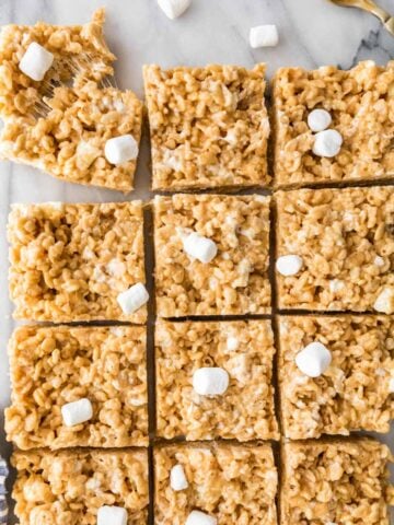 Overhead view of peanut butter rice krispie treats just after being cut.