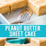 collage of peanut butter sheet cake, top image of full cake, cut, slices missing. Bottom image of single slice on plate with fork