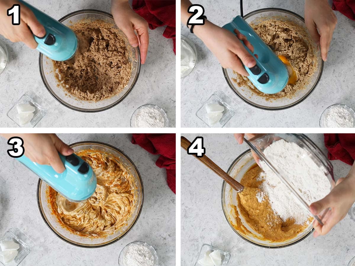 Collage of four photos showing pumpkin cake batter being prepared in a glass mixing bowl