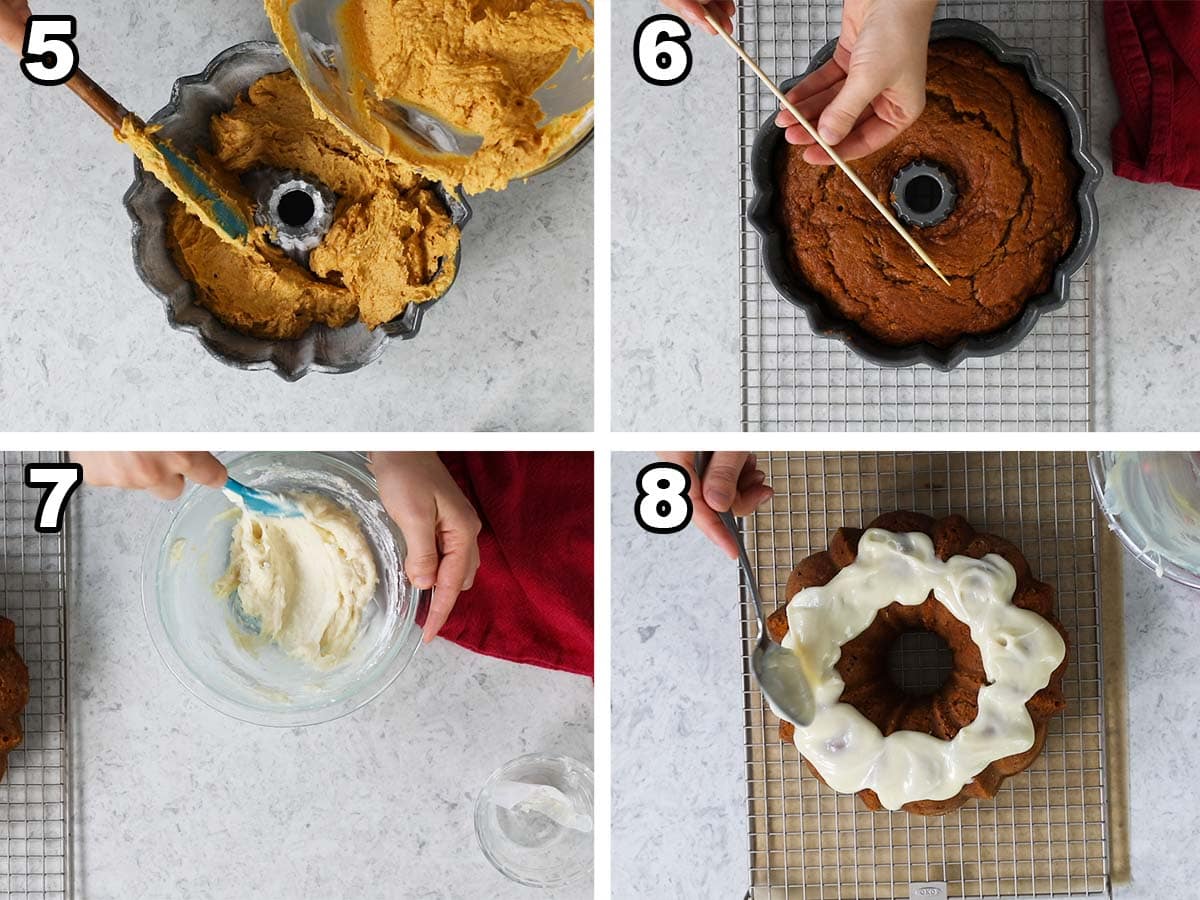 Collage of four photos showing cake batter being poured into a bundt, baked, and topped with a cream cheese glaze.