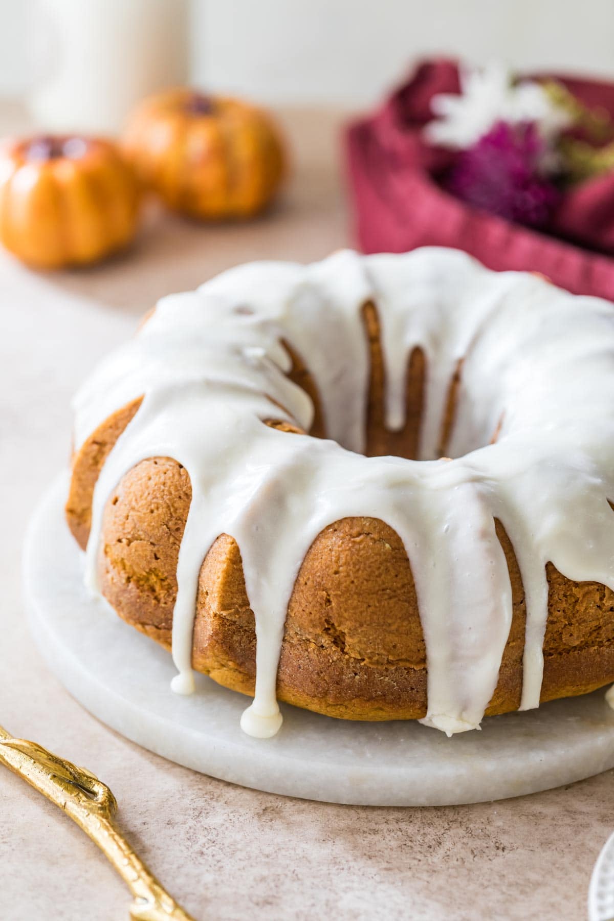 Bundt cake topped with a thick cream cheese glaze.