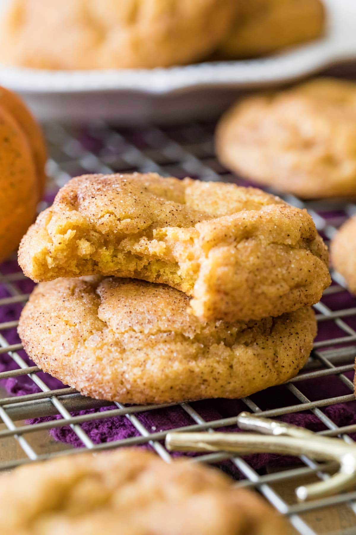 Two pumpkin snickerdoodles stacked on top of each other with the top cookie missing a bite.