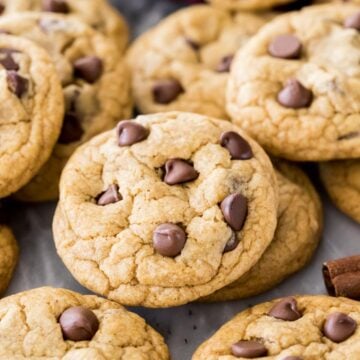 Pile of pumpkin chocolate chip cookies.