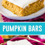 collage of pumpkin bars, top image of single slice of cake on white plate, bottom image of single slice with bite missing