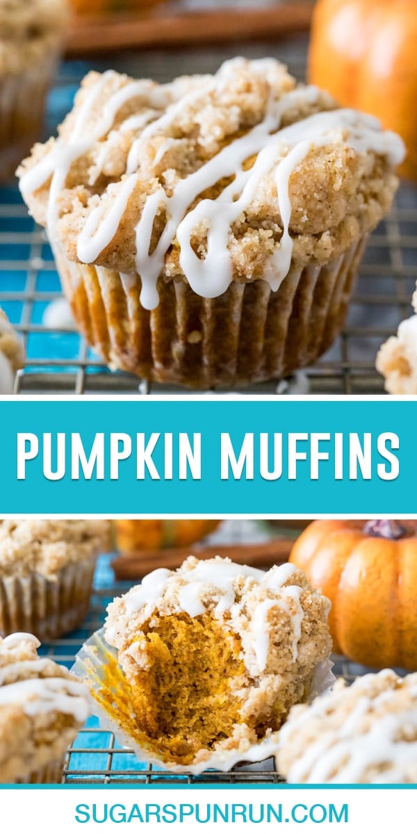 collage of pumpkin muffins, top mage close up of muffin with vanilla glaze drizzled on top, bottom image of inside muffin, bite taken out