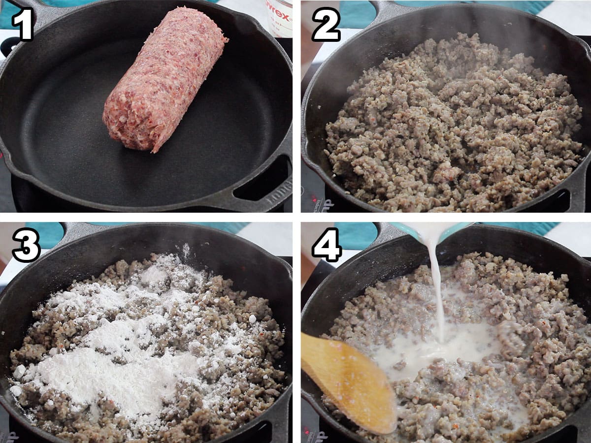 collage showing the 4 steps to making sausage gravy (cook sausage, crumble, add flour, add milk)