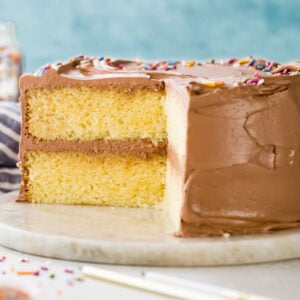 Cross section of a yellow cake frosted with chocolate frosting.