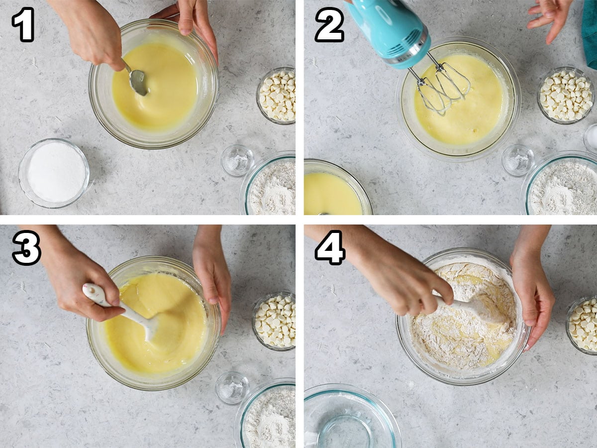 collage of four photos showing a brownie batter being prepared with melted white chocolate