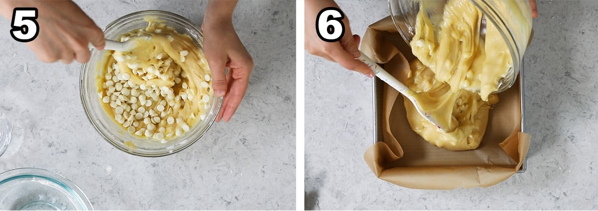 collage of two photos showing white chocolate chips being poured into brownie batter before being spread into a square baking dish