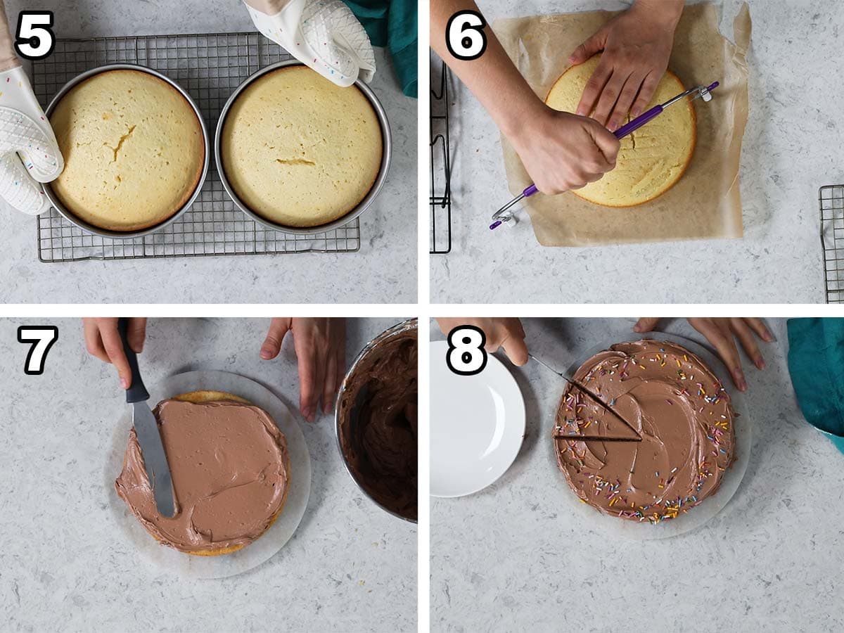 collage of four photos showing two cake layers being leveled, stacked, frosted, and sliced