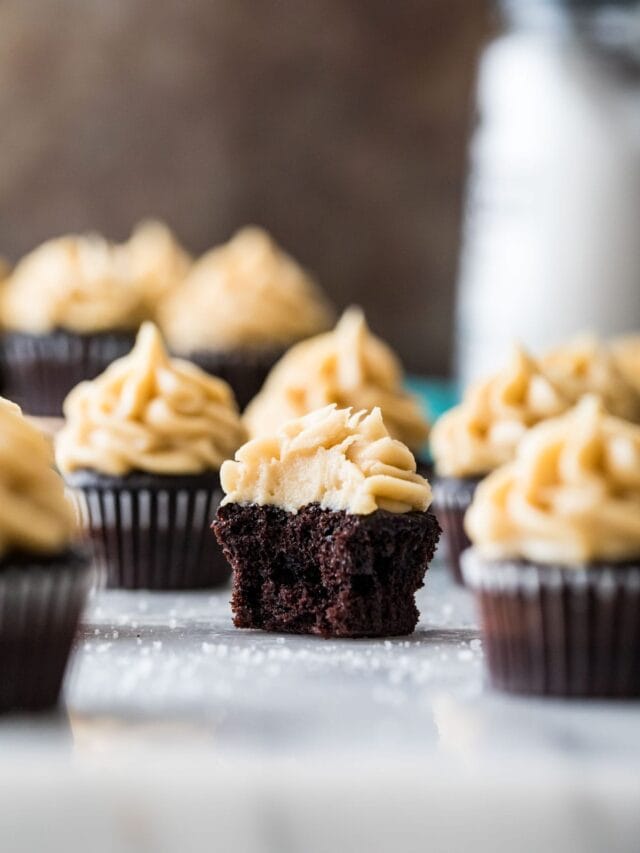 Dark Chocolate Mini Cupcakes with Salted Caramel Frosting Sugar Spun Run