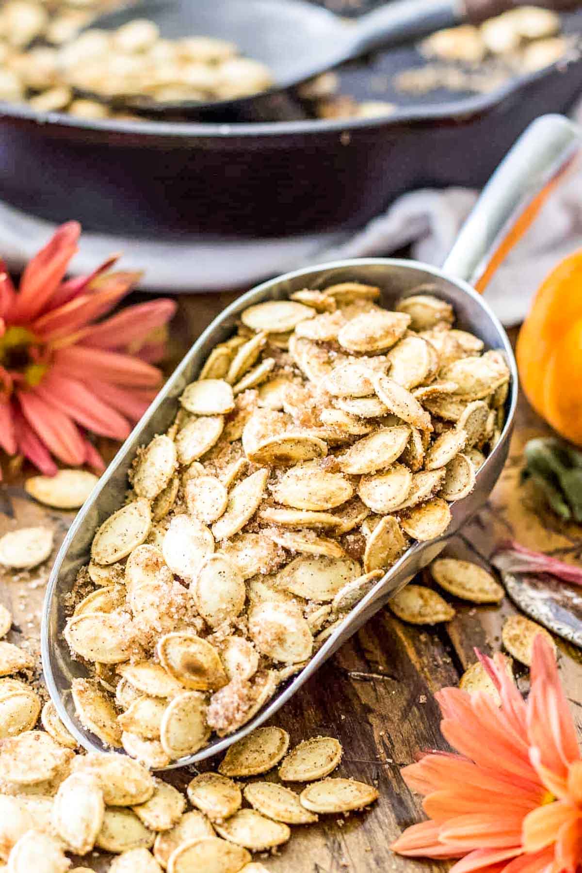 Metal scoop of cinnamon sugar pumpkin seeds surrounded by orange flowers.