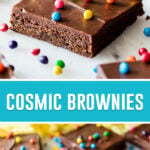 collage of cosmic brownies, top image of close up of single brownie, bottom image of multiple brownies nicely placed on marble slab