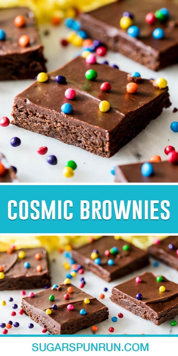 collage of cosmic brownies, top image of close up of single brownie, bottom image of multiple brownies nicely placed on marble slab