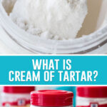 collage of cream of tarter, top image of gold measuring spoon in spice jar, bottom image of close up of jar of cream of tarter