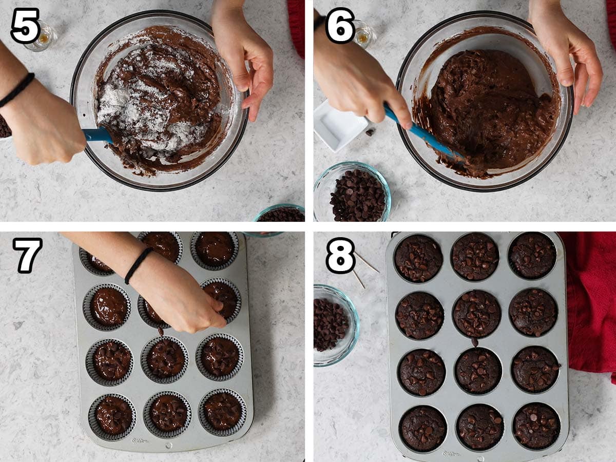 Collage of four photos showing chocolate muffin batter being prepared, portioned into liners, and baked.