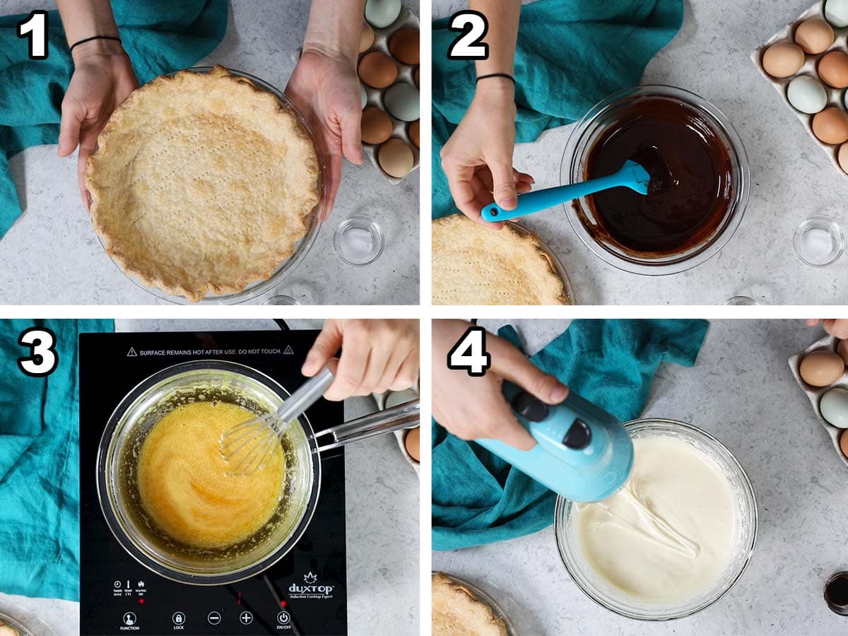 Collage of four photos showing chocolate being melted, eggs being cooked in a double boiler, and eggs being whipped with a mixer.