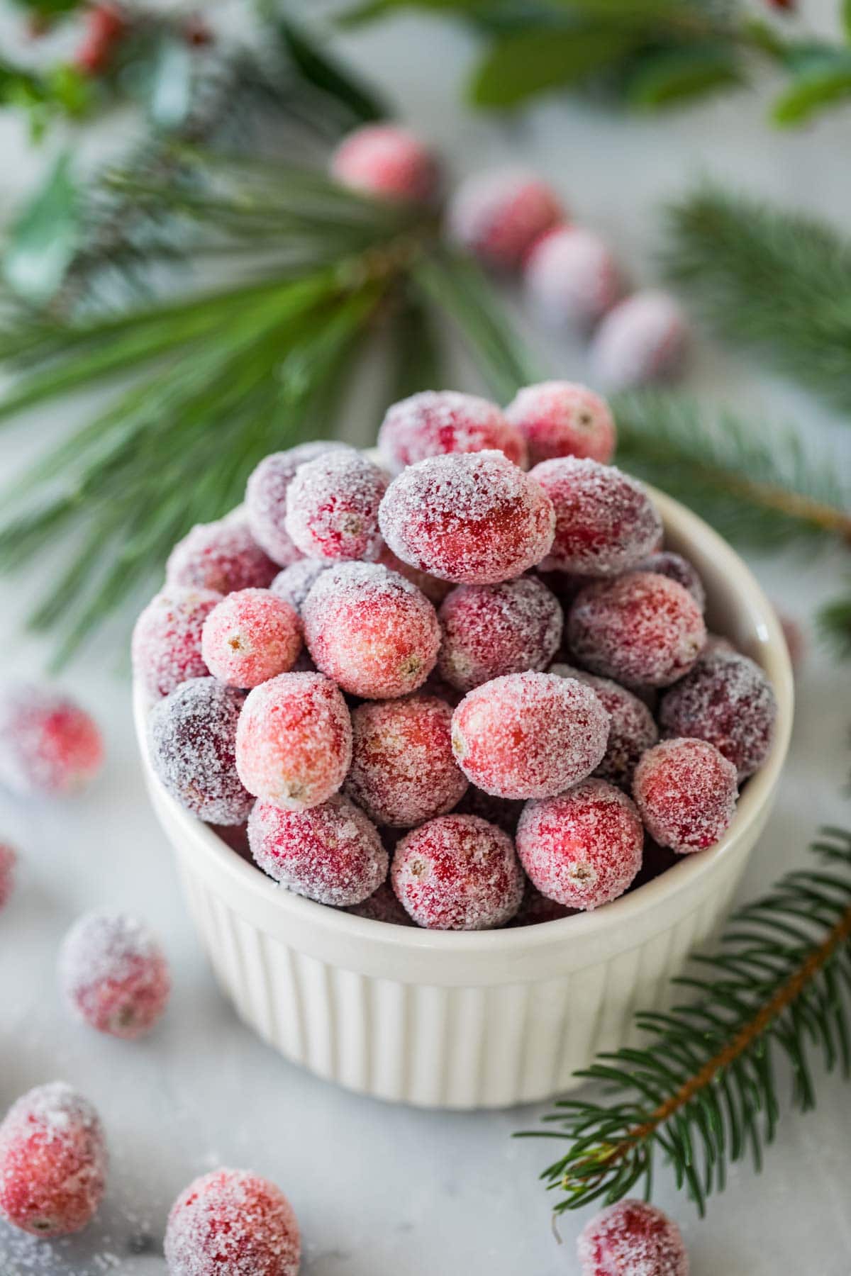 Overhead view of sugared cranberries in a white bowl.