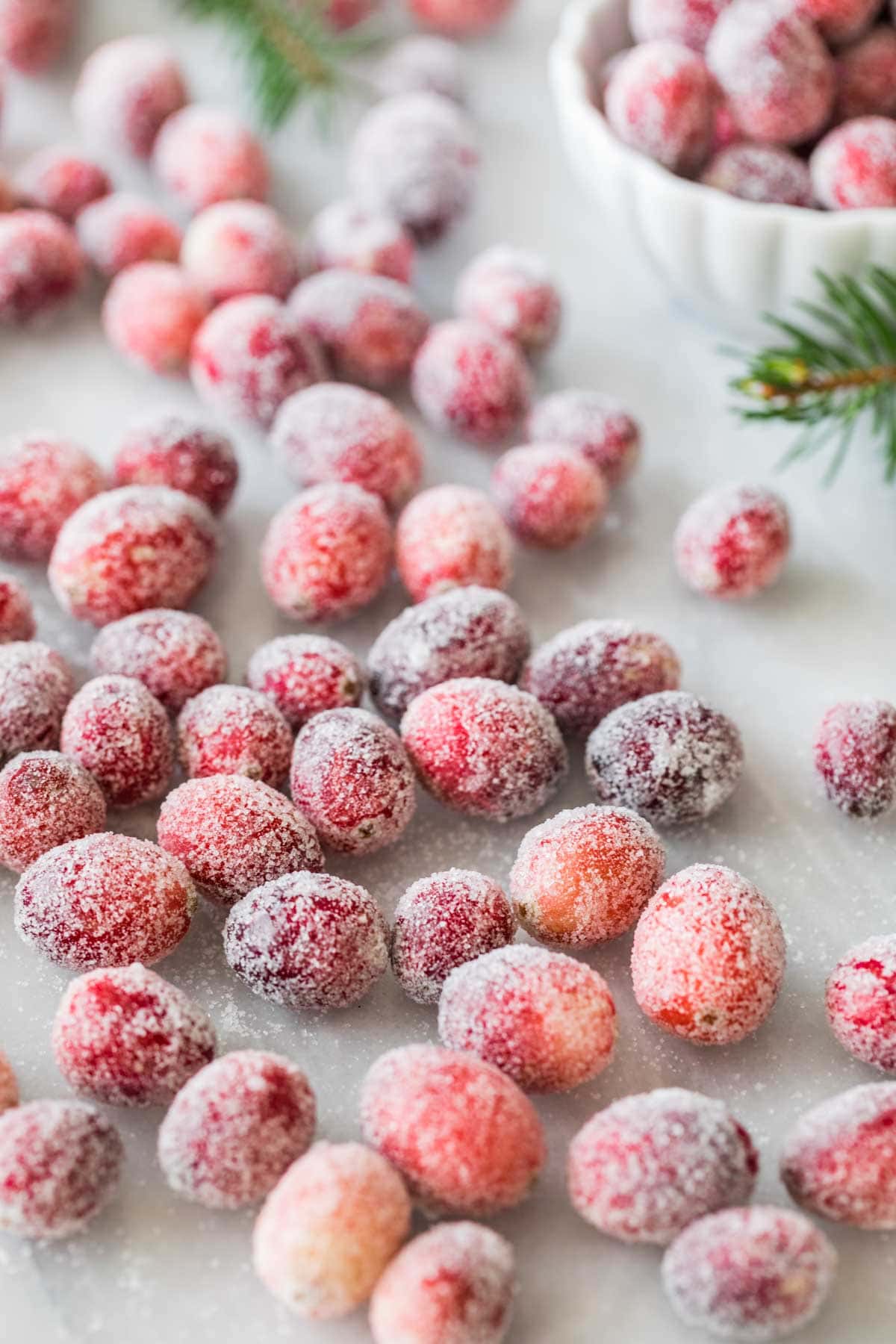 Cranberries that have been dipped in syrup and coated in granulated sugar to create a frosted, snow-covered look.