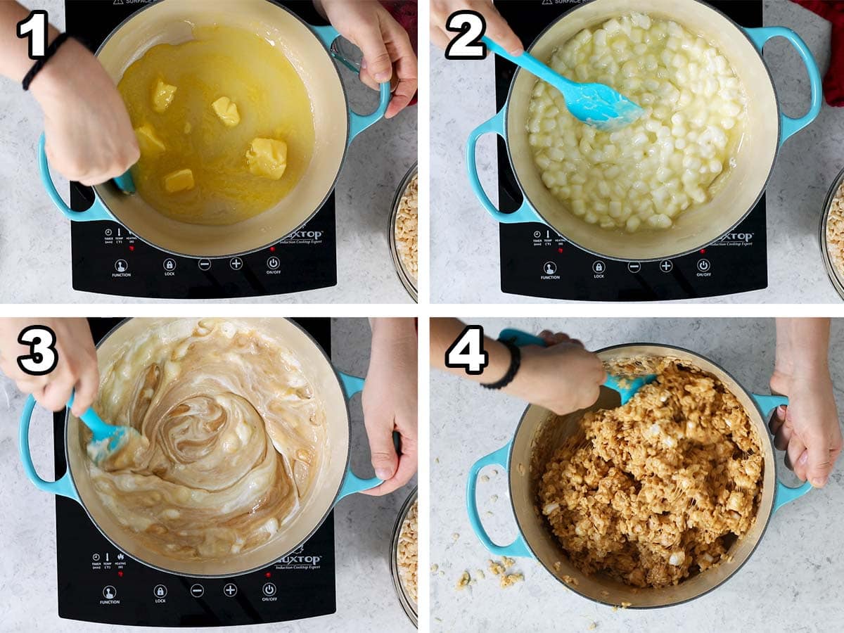 Collage of four photos showing butter melting with marshmallows and peanut butter before being combined with cereal to make rice krispie treats.