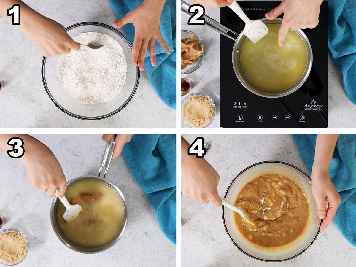 Collage of four photos showing dry ingredients being combined with a melted peanut butter mixture.