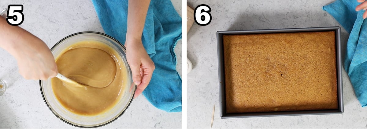 Collage of two photos showing cake batter being stirred before baking and in its pan after baking.