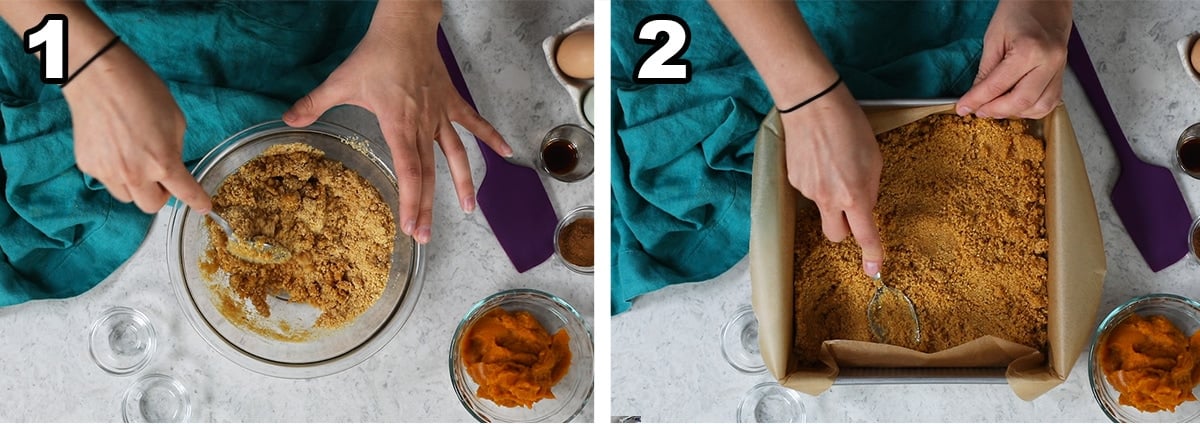 Collage of two photos showing a graham cracker crust being prepared and pressed into a square pan.