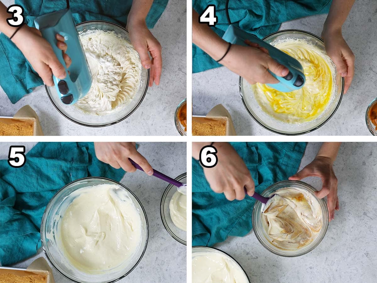Collage of four photos showing cheesecake batter being prepared and portioned into two bowls.