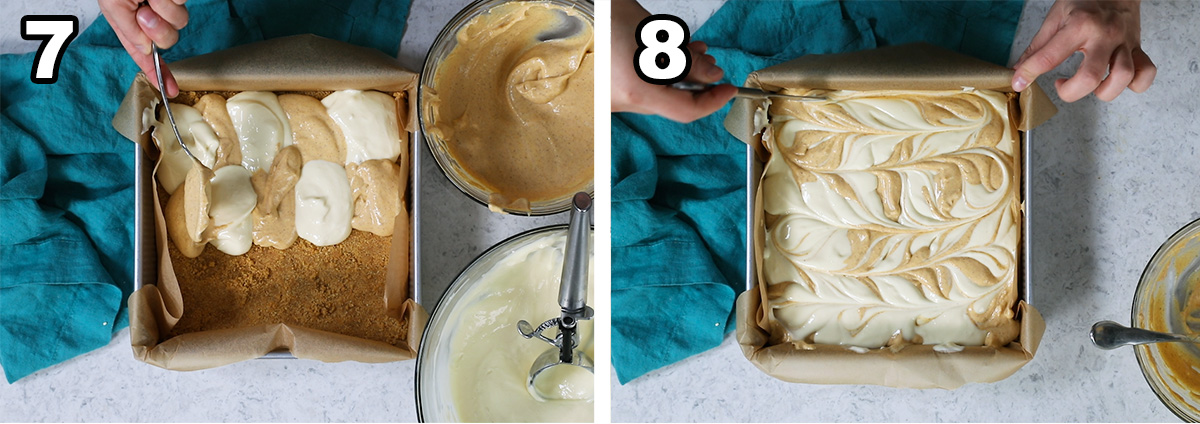 Collage of two photos showing two cheesecake batters being dolloped onto a graham cracker crust before being swirled together.