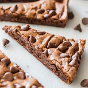 Triangle-shaped brownie pieces made from a small-batch brownies recipe.
