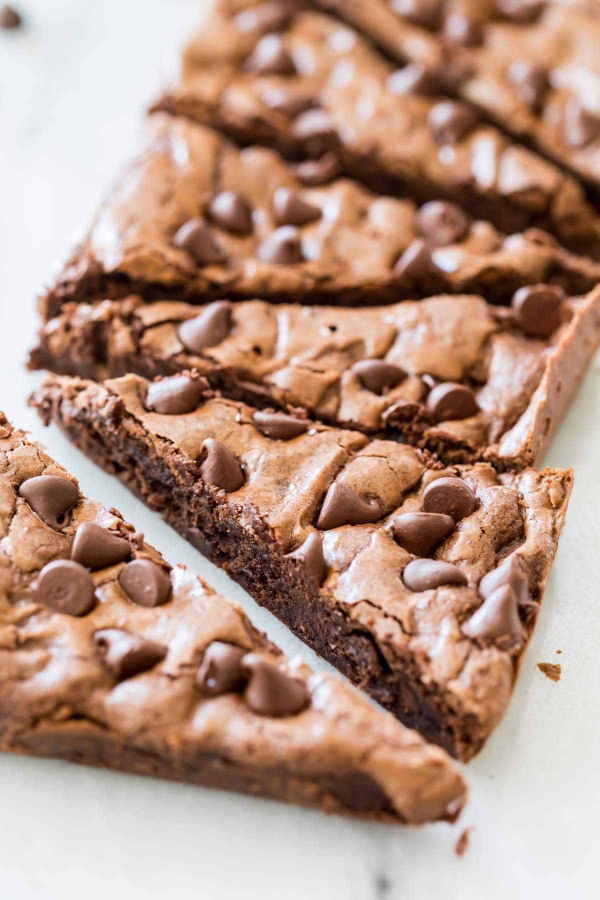 Brownies just after being cut into triangle shapes.