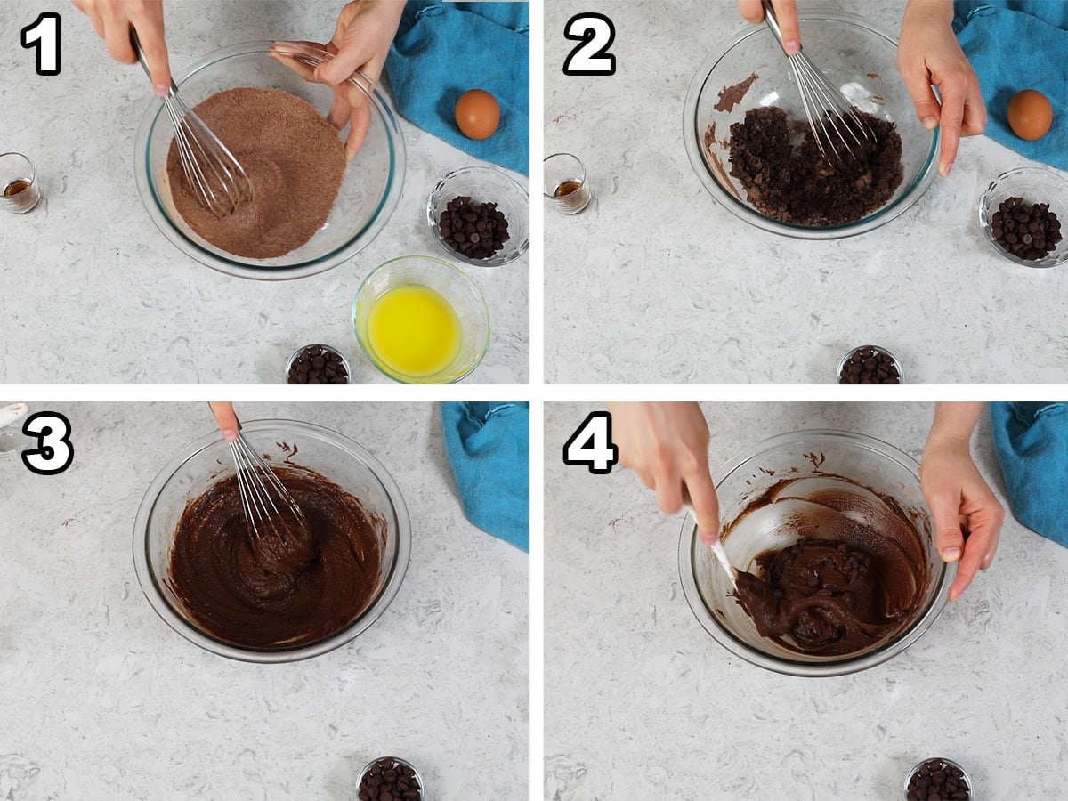 Collage of four photos showing brownie batter being prepared.