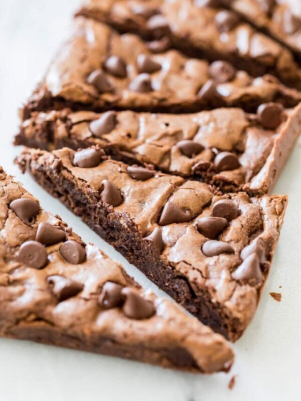 Brownies just after being cut into triangle shapes.