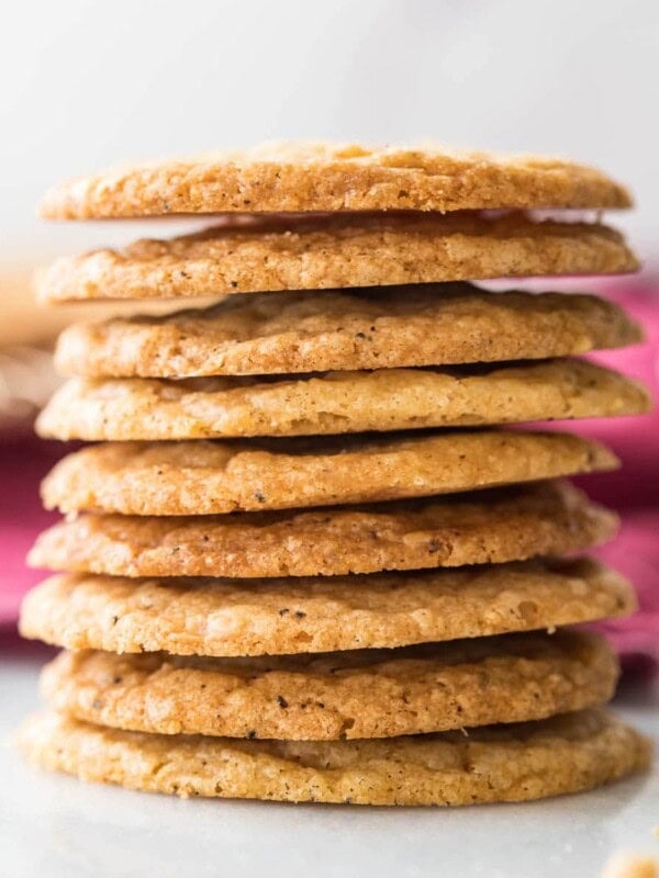 Butter crunch cookies stacked to show how thin and crisp they are.