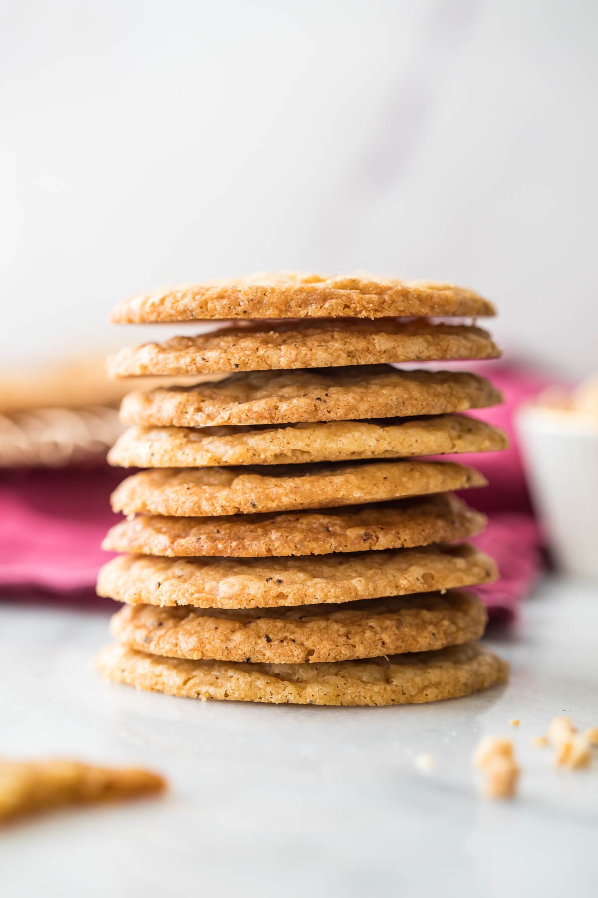 Butter crunch cookies stacked to show how thin and crisp they are.
