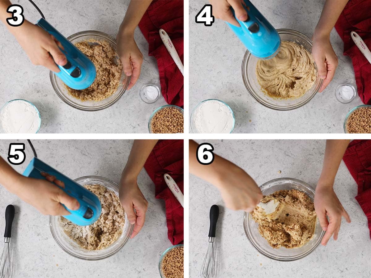 Collage of four photos showing cookie dough being prepared.