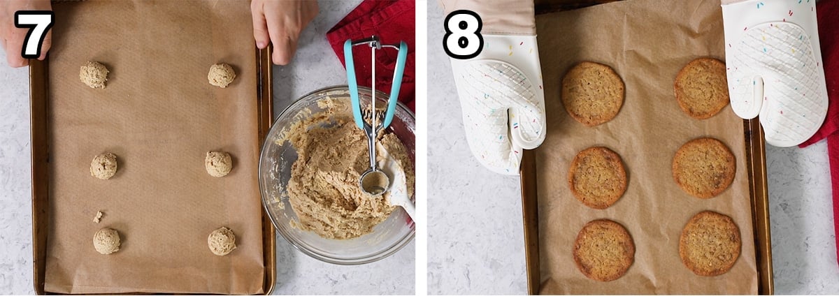 Collage of two photos showing cookie dough on a sheet before and after baking.