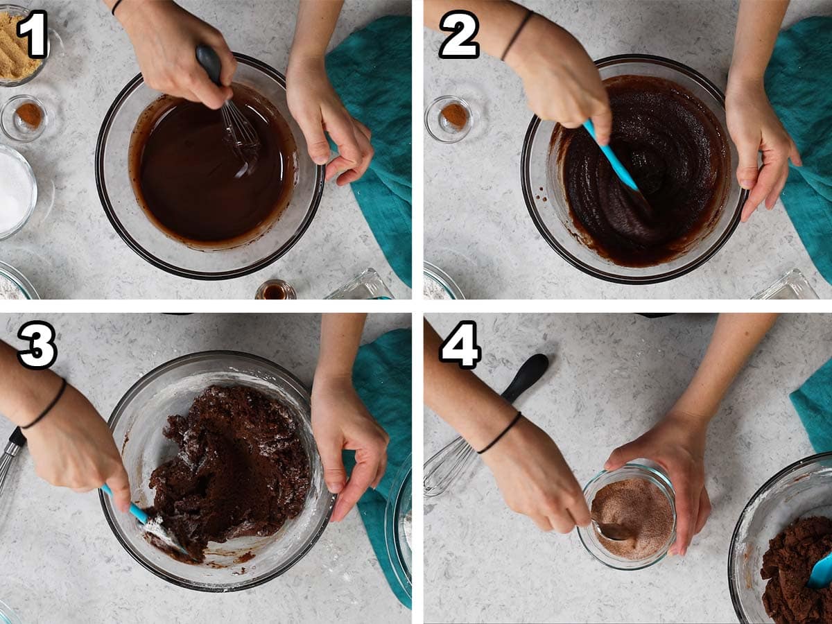 Collage of four photos showing chocolate cookie dough being mixed together.
