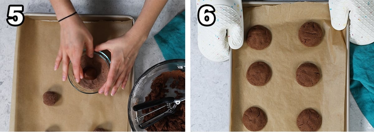 Collage of two photos showing cookies being rolled through a cinnamon sugar mixture before baking and after baking.