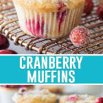 collage of cranberry muffins, top image is a close up of muffin, bottom image of multiple muffins on gold cooling rack