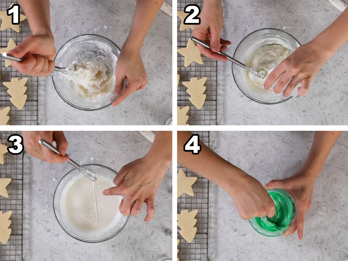 Collage of four photos showing how to make sugar cookie icing.